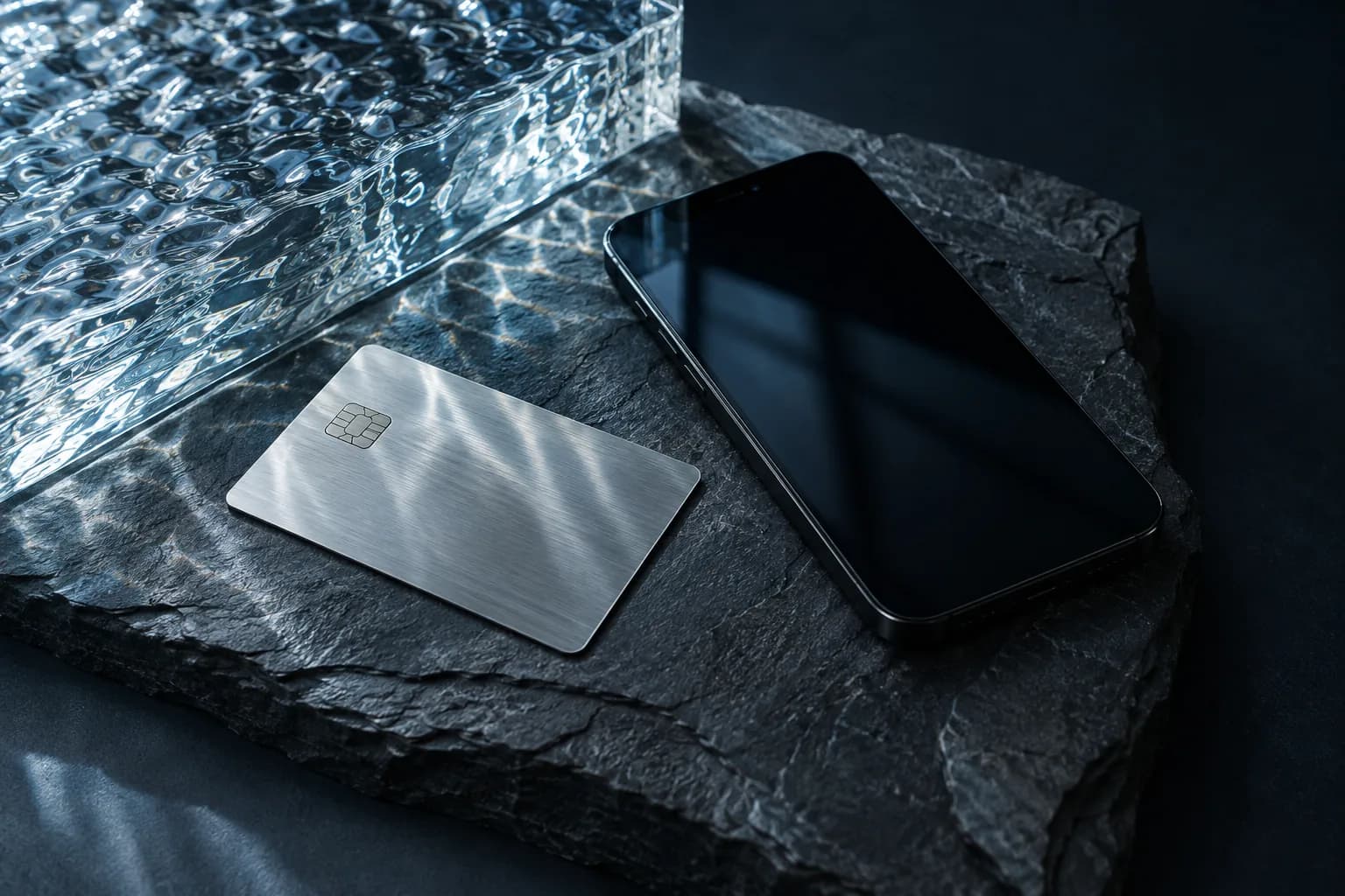 Illustrasjon: mobiltelefon og bankkort på norsk skifer med lys gjennom glass.