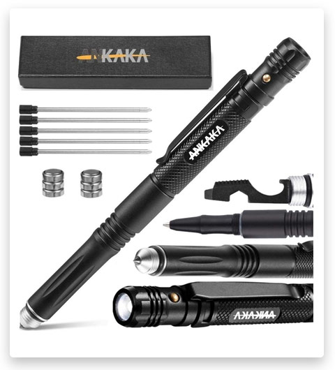 The Most Loaded 6-in-1 Tactical Pen: Solves Other Brands' Weaknesses,Self Defense Tip + Flashlight + Ballpoint + Bottle Opener + Screw Driver + Hexagonal Wrench, 5 Ink Refills + 6 Batteries + Gift Box